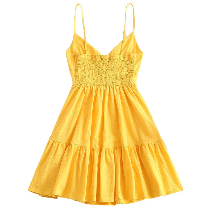 ZAFUL Women's Casual V Neck Summer Mini Dress Spaghetti Strap A-Line Short Dresses Backless Solid Color Sundress (A-f Yellow,M) - Image 2